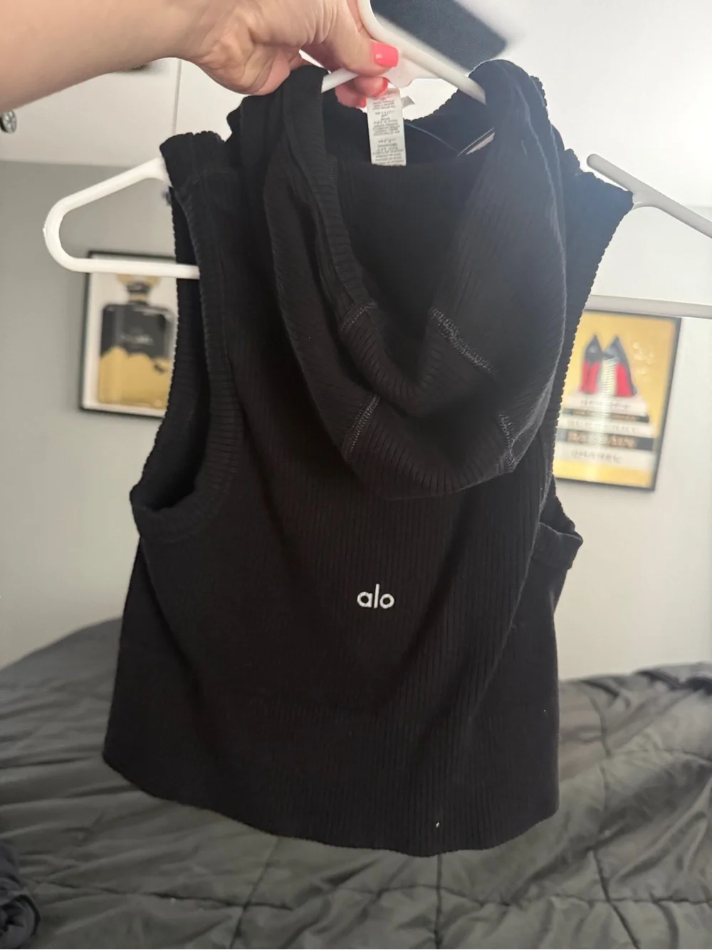 ALO Yoga black and grey Ribbed Crop Hoodie in Black